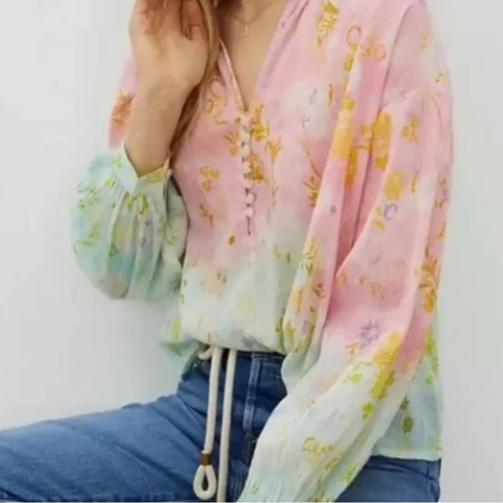 Anthropologie Pastel Pink and Mint Floral Peasant Blouse